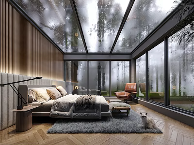 Natural Modern Bedroom Interior With Glass Roof Wooden Walls Large Bed And Forest View 3d model