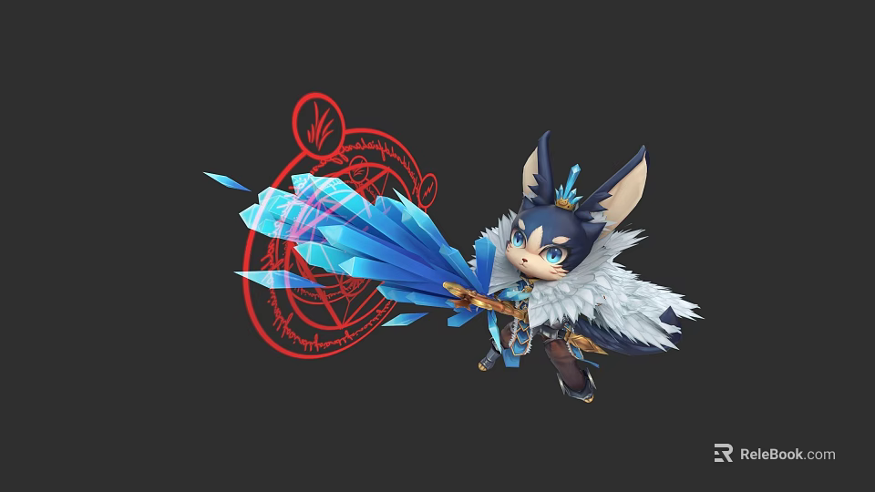 Mythical Fantasy Creature Character With White Fur Holding Blue Crystal Weapon Near Red Magic Circle 3d model 
