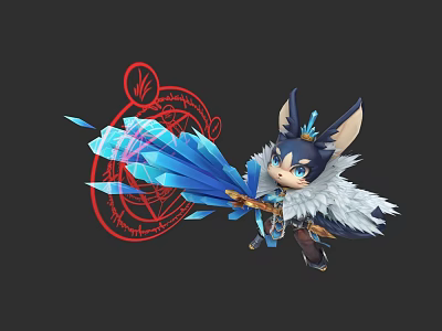 Mythical Fantasy Creature Character With White Fur Holding Blue Crystal Weapon Near Red Magic Circle 3d model