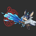 Mythical Fantasy Creature Character With White Fur Holding Blue Crystal Weapon Near Red Magic Circle