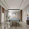 Modern Elegant Entertainment Room With Glass Pool Table Blue Circular Decor And Bookshelf