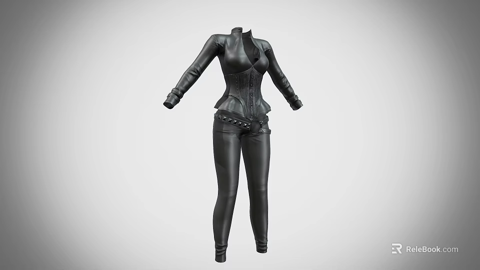 Black Leather Fitted Corset Style Outfit With Long Sleeves And Slim Pants 3d model 