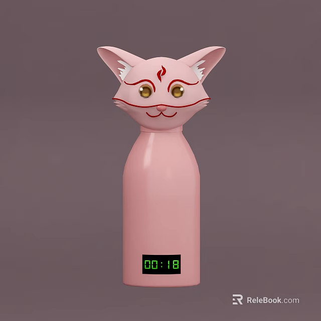 Pink Cat Head Shaped Cup With Ears Red Patterns Yellow Eyes And Digital Time 3d model 