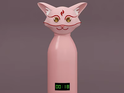 Pink Cat Head Shaped Cup With Ears Red Patterns Yellow Eyes And Digital Time 3d model