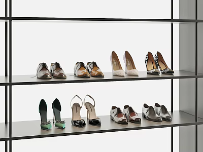 Fashionable Women's Shoes Displayed on Shelves with Various Styles and Designs 3d model