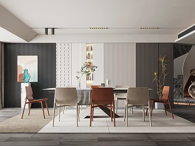 Modern Restaurant Interior With Dining Table Colorful Chairs Decorative Painting And Green Plants Lighting 3d model