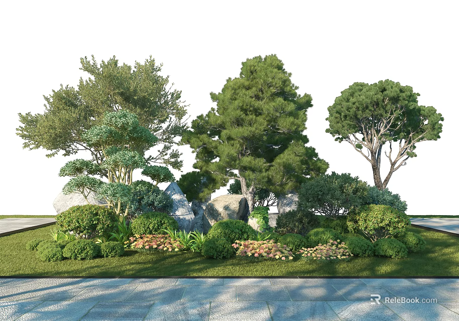 Tall Trees In Garden Landscape With Shrubs Rocks And Green Grass 3d model 