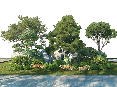 Tall Trees In Garden Landscape With Shrubs Rocks And Green Grass 3d model