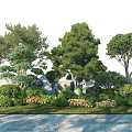 Tall Trees In Garden Landscape With Shrubs Rocks And Green Grass