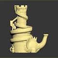 Yellow Spiral Castle Sculpture With Elephant Head Tower Steps And Glossy Surface