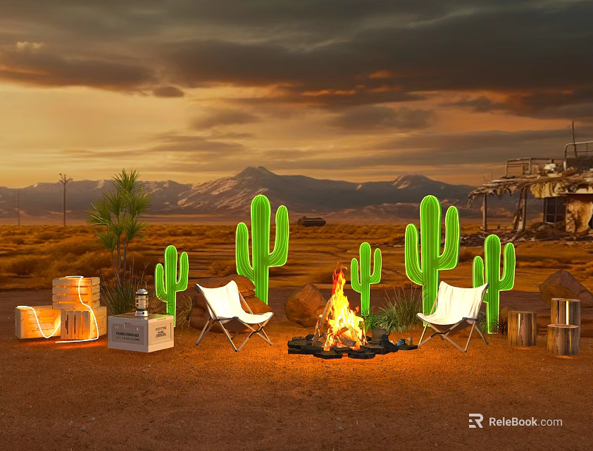 Outdoor Desert Tea Break Area With Sunset Campfire White Folding Chairs And Cacti Silhouettes 3d model 