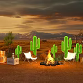 Outdoor Desert Tea Break Area With Sunset Campfire White Folding Chairs And Cacti Silhouettes