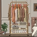 Golden Clothes Rack With Hanging Colorful Garments And Storage Shelves In Bedroom