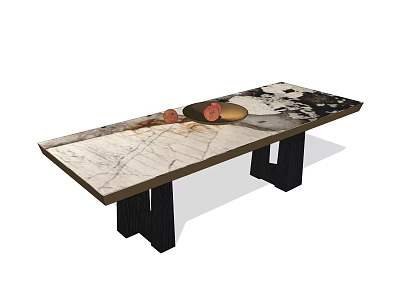 Modern Dining Table with Marble Surface Natural Veins Black Metal Legs and Fruit Bowls 3d model