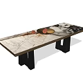 Modern Dining Table with Marble Surface Natural Veins Black Metal Legs and Fruit Bowls