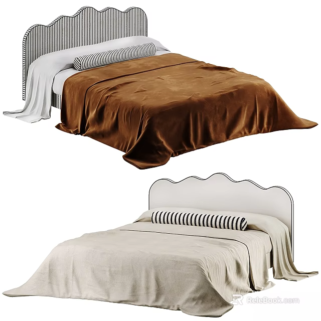 Double Bed With Curved And Striped Headboards Brown Beige Blankets Striped Pillows 3d model 