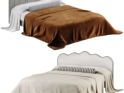 Double Bed With Curved And Striped Headboards Brown Beige Blankets Striped Pillows 3d model