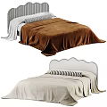 Double Bed With Curved And Striped Headboards Brown Beige Blankets Striped Pillows
