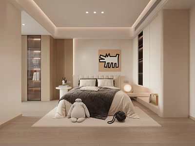 Modern Minimalist Kids Room Interior With Cozy Bed Stuffed Bear And Cartoon Artwork On Wall 3d model