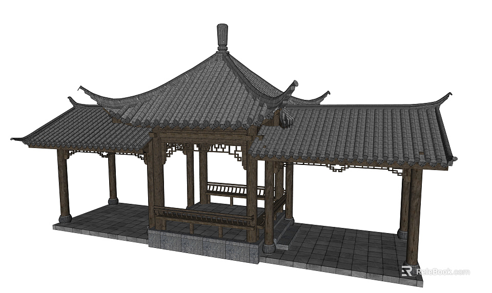 Ancient Chinese Wooden Pavilion With Curved Eaves Tile Roof And Stone Platform 3d model 