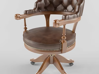 Comfortable Classic Leather Office Chair With Wooden Armrests And Swivel Wheels 3d model
