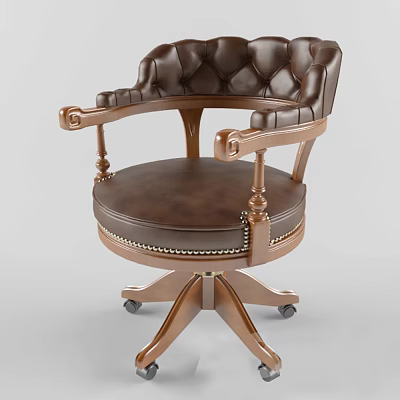 Comfortable Classic Leather Office Chair With Wooden Armrests And Swivel Wheels 3d model