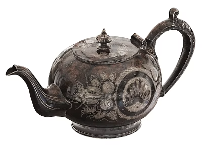 Vintage Metal Teapot With Ornate Engraved Floral Patterns And Emblem Design 3d model