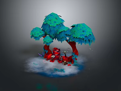Red Trunk Trees With Blue Green Foliage Surrounded By White Cloud Mist And Blue Base 3d model