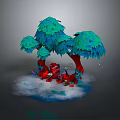 Red Trunk Trees With Blue Green Foliage Surrounded By White Cloud Mist And Blue Base