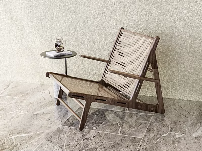 Modern Leisure Chair With Wooden Frame And Woven Design By Small Table On Marble Floor 3d model
