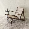 Modern Leisure Chair With Wooden Frame And Woven Design By Small Table On Marble Floor