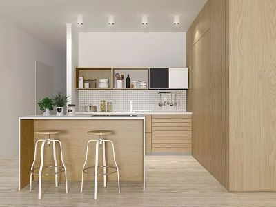 Modern Kitchen Cabinets in Open Interior Design with Island Counter and White Stools 3d model