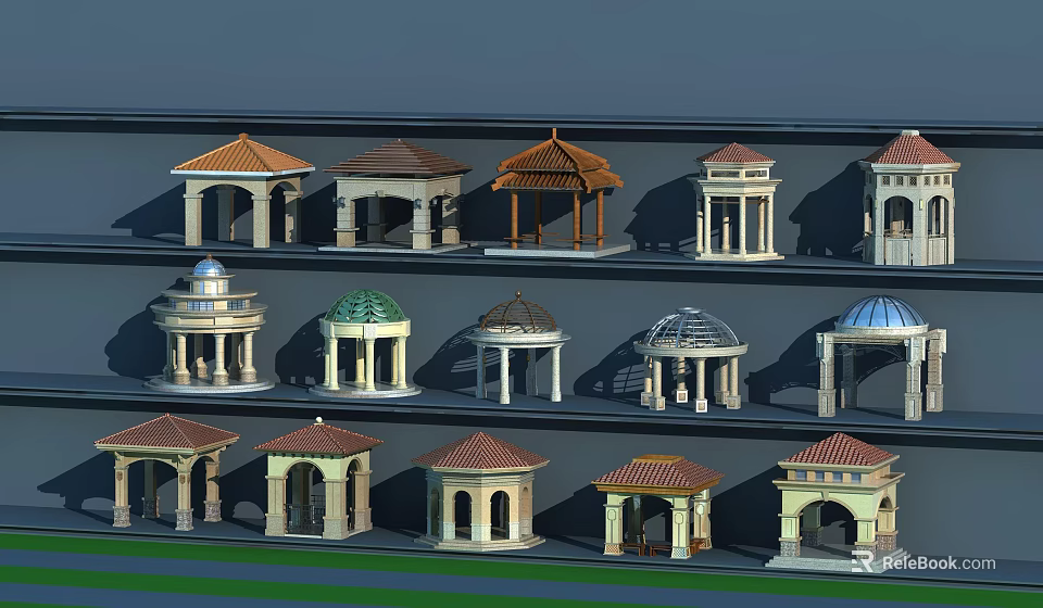 Various Pavilion Structures With Diverse Roof Styles And Architectural Designs On 3d model 