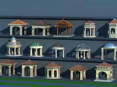 Various Pavilion Structures With Diverse Roof Styles And Architectural Designs On 3d model