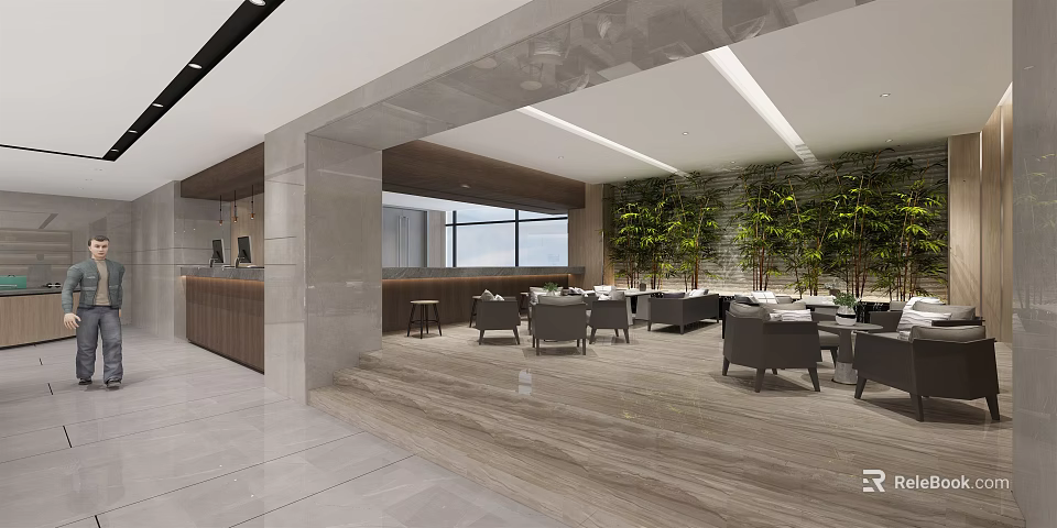 Modern Lounge Area With Large Windows Green Plant Wall Marble Flooring And Comfortable Seating 3d model 