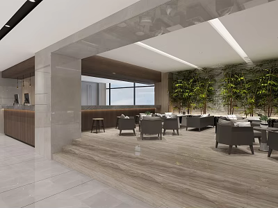 Modern Lounge Area With Large Windows Green Plant Wall Marble Flooring And Comfortable Seating 3d model