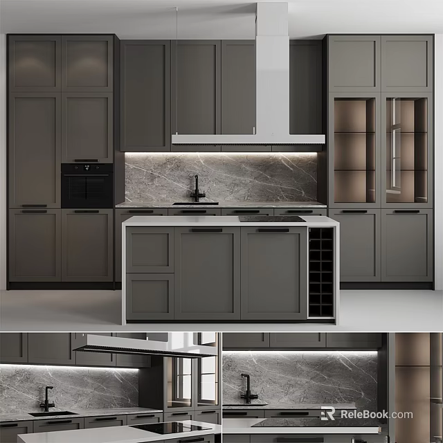 Modern Kitchen With Grey Cabinets Marble Countertop And Glass Door Storage 3d model 