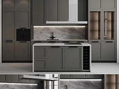 Modern Kitchen With Grey Cabinets Marble Countertop And Glass Door Storage 3d model