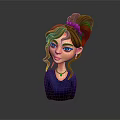 Cartoon Girl With Brown Curly Hair Purple Hairband And Blue Top Playing With Fluffy White Kitten