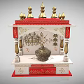 Traditional Pooja Mandir Cabinet With Red Gold Decor Golden Spires And Intricate Carvings