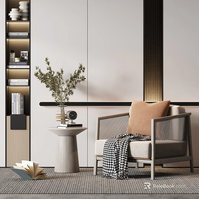 Modern Minimalist Single Sofa With Throw Pillow Knitted Blanket And Green Plant On Side Table 3d model 