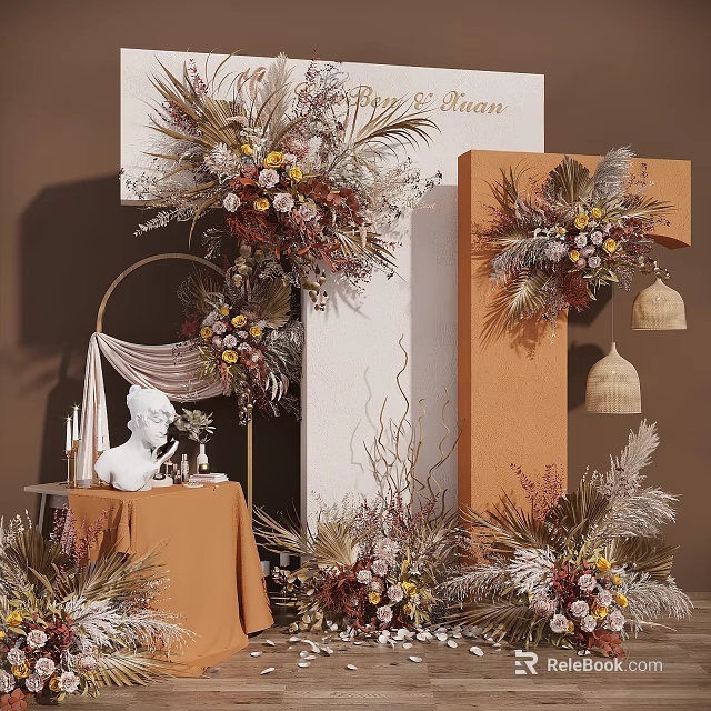 Elegant Celebration Decor Setup With Floral Arch Columns And Decorative Elements 3d model 