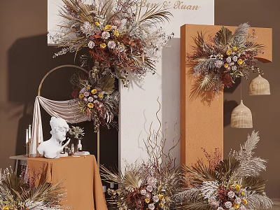 Elegant Celebration Decor Setup With Floral Arch Columns And Decorative Elements 3d model