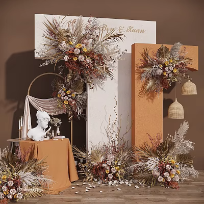 Elegant Celebration Decor Setup With Floral Arch Columns And Decorative Elements 3d model