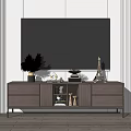 Modern Wooden TV Stand With Dried Plants Eiffel Tower Model And Books On Striped Wall