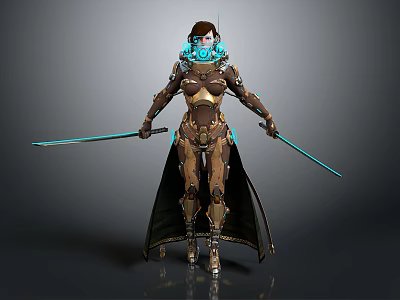 Game Movie Character In Brown Gold Mechanical Armor With Blue Glowing Elements And Dual Swords 3d model