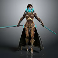 Game Movie Character In Brown Gold Mechanical Armor With Blue Glowing Elements And Dual Swords