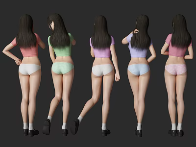 Women Back View In Different Colored Crop Tops Underwear Socks And Shoes 3d model