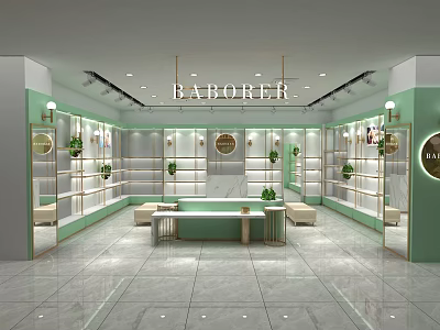 BABORER Modern Store Interior With Green Counter Shelves And Decorative Plants 3d model