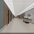 Modern Service Hall Interior Design With Reception Desk Computers Vase And Wave Pattern Wall Decor 3d model